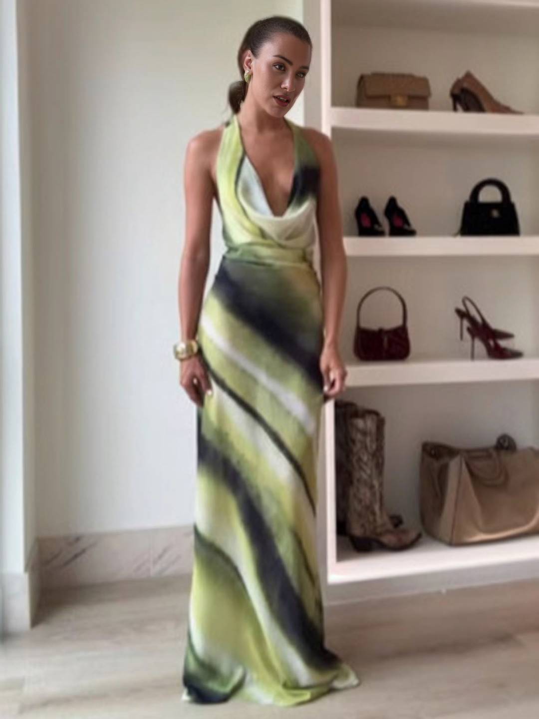 Eleanor Women's Evening Dress - Abito degradato lungo con scollo a V, cave e nudo dos per le vacanze estive