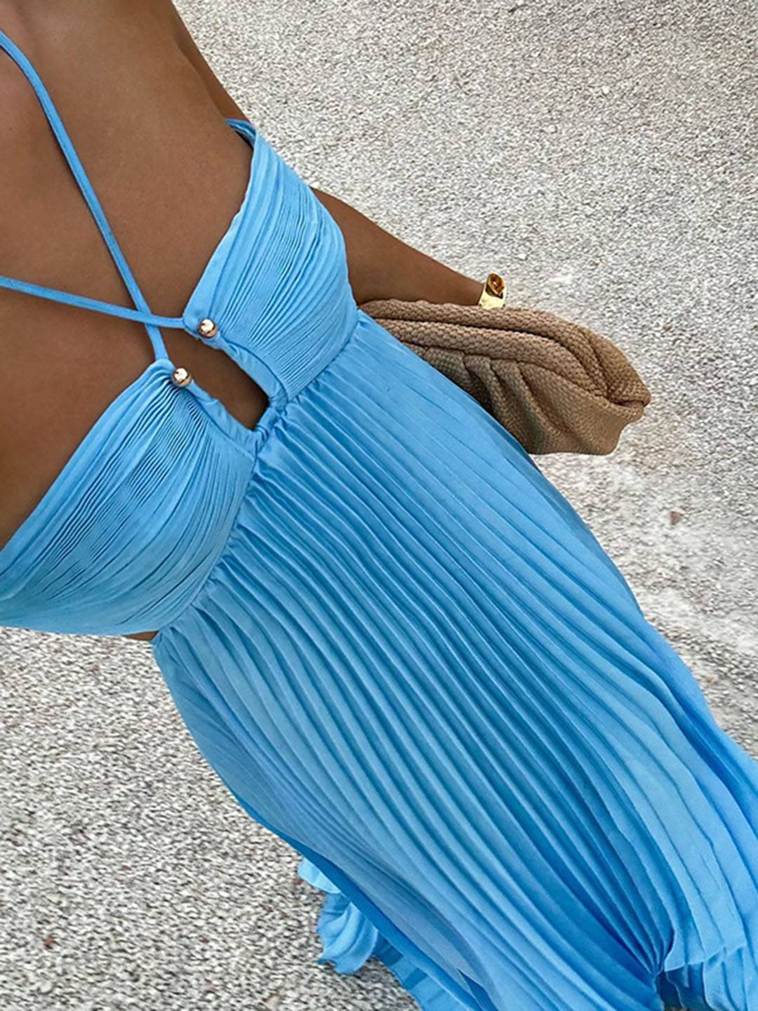 Soline Robe de Plage Femme – Longue Robe Bustier Plissée avec Col Halter & Dos Nu