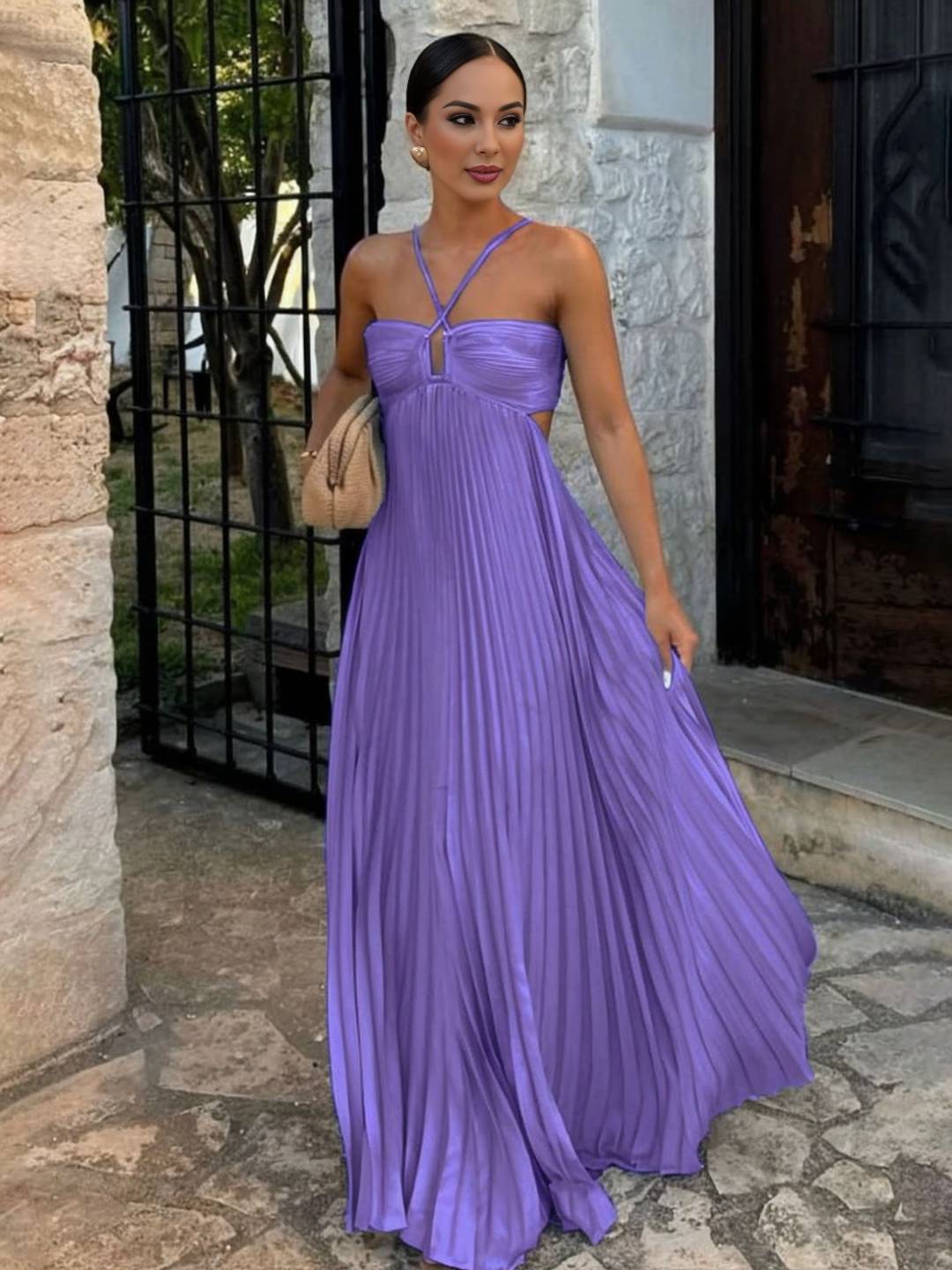 Soline Robe de Plage Femme – Longue Robe Bustier Plissée avec Col Halter & Dos Nu