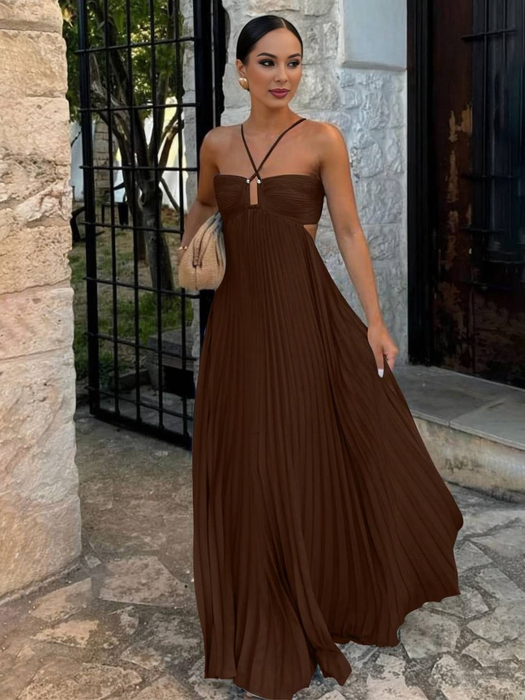 Soline Robe de Plage Femme – Longue Robe Bustier Plissée avec Col Halter & Dos Nu