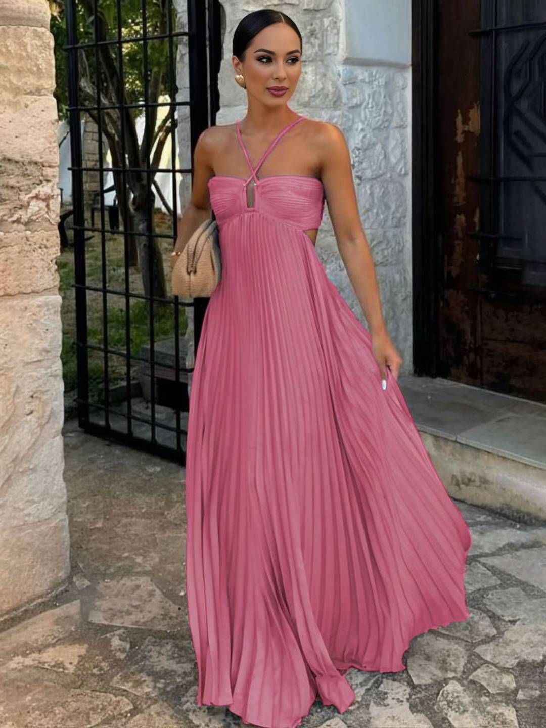 Soline Robe de Plage Femme – Longue Robe Bustier Plissée avec Col Halter & Dos Nu