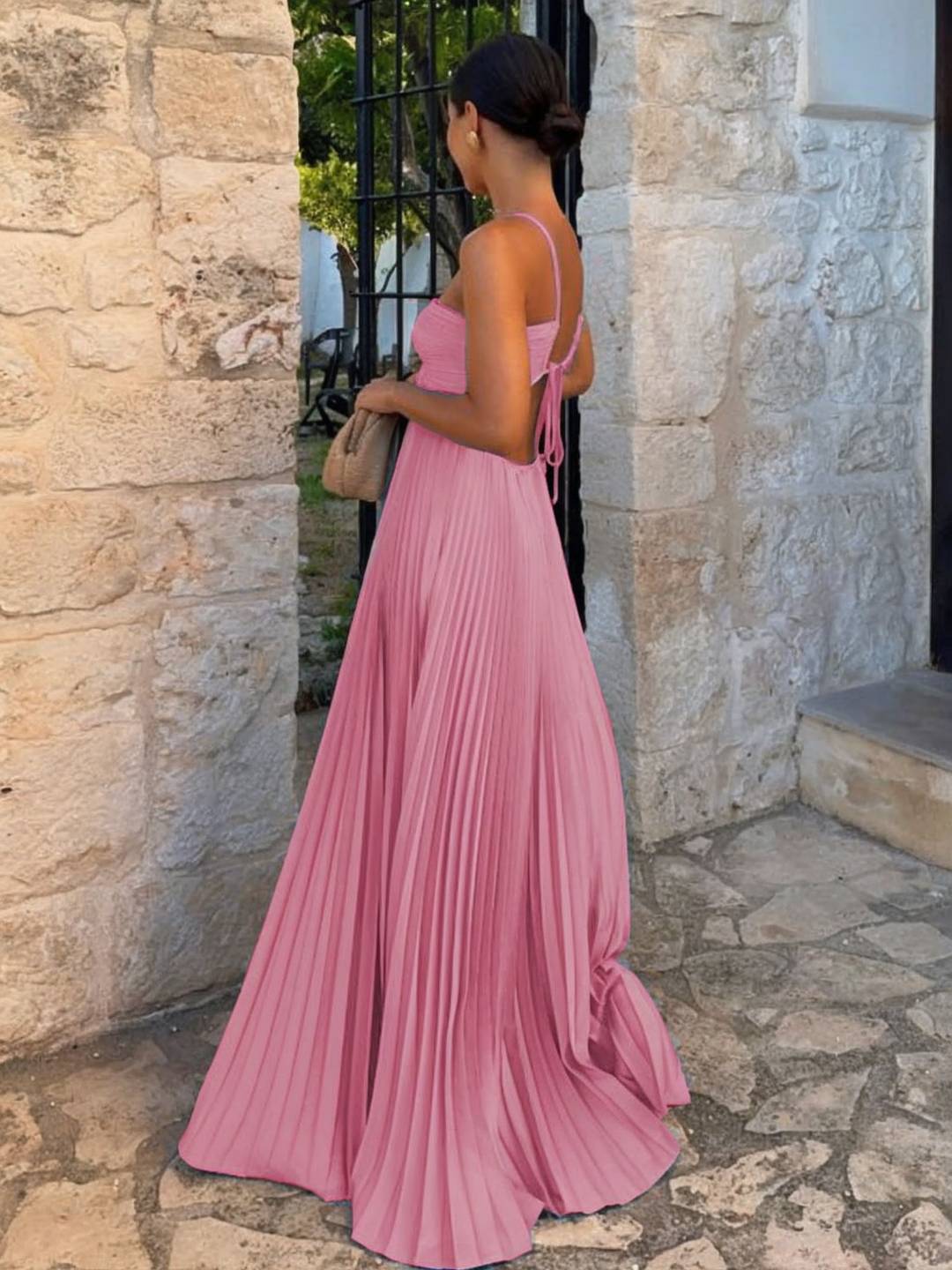 Soline Robe de Plage Femme – Longue Robe Bustier Plissée avec Col Halter & Dos Nu