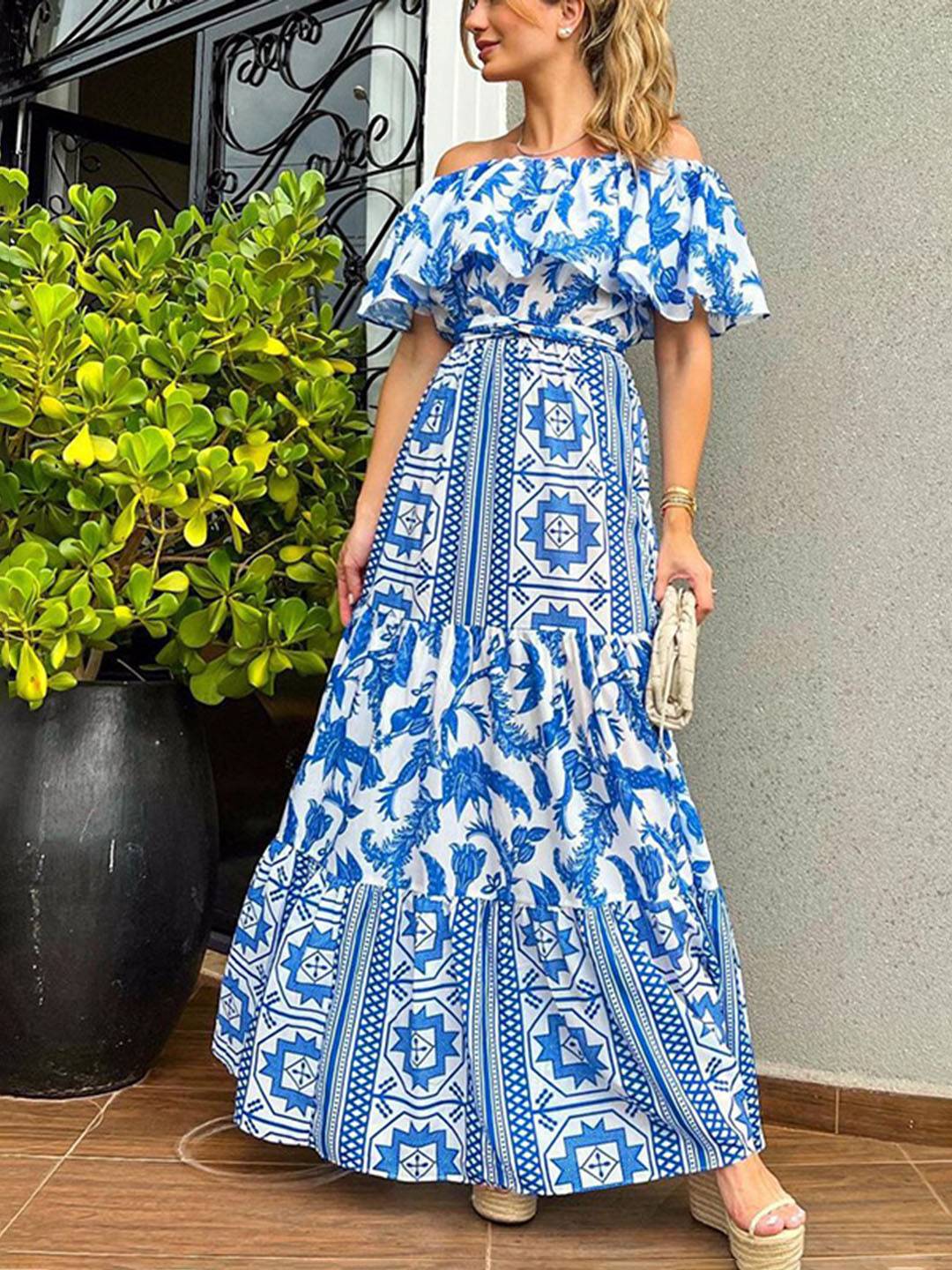 Abito da donna Andrea Maxi - Abito da spiaggia bohémien con colletto in barca e stampa geometrica