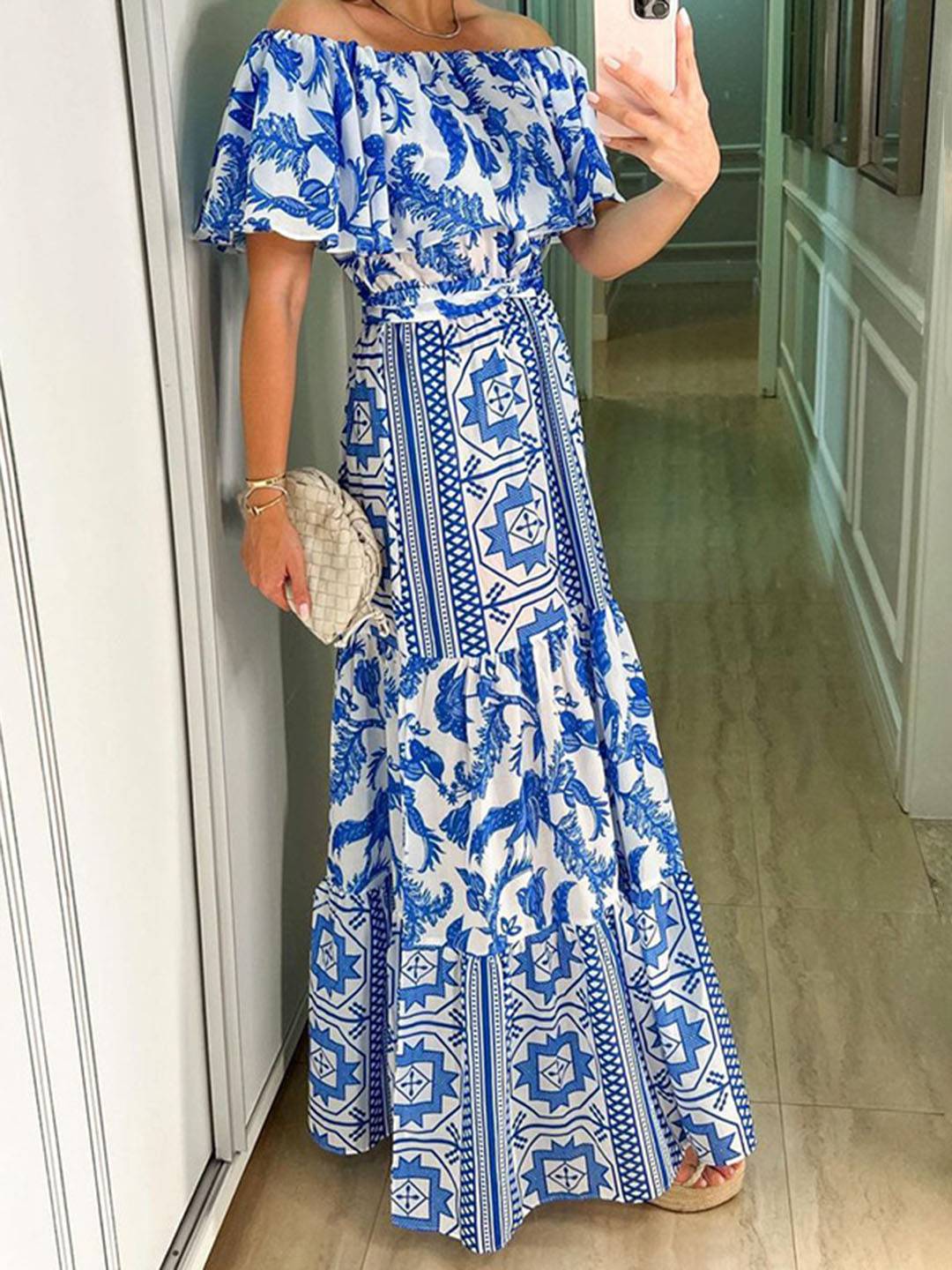 Abito da donna Andrea Maxi - Abito da spiaggia bohémien con colletto in barca e stampa geometrica