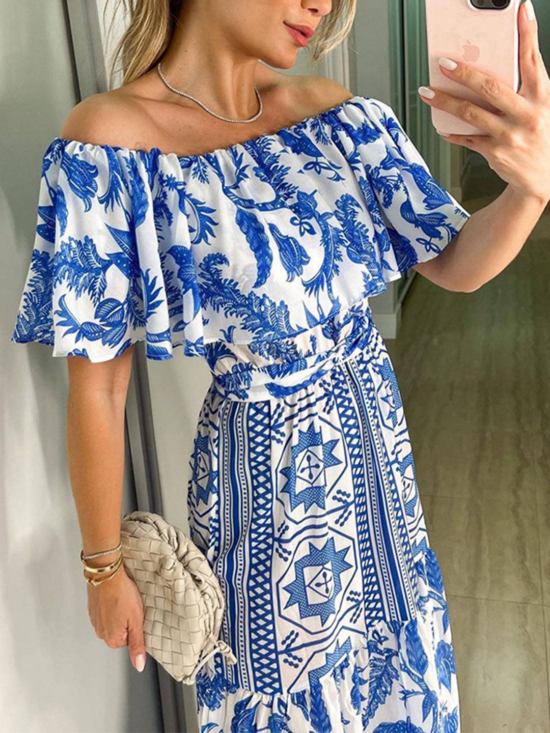 Andrea Robe Maxi Femme – Robe de Plage Bohème avec Col Bateau & Imprimé Géométrique