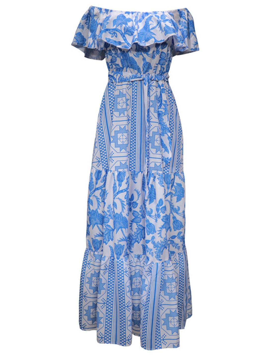 Abito da donna Andrea Maxi - Abito da spiaggia bohémien con colletto in barca e stampa geometrica