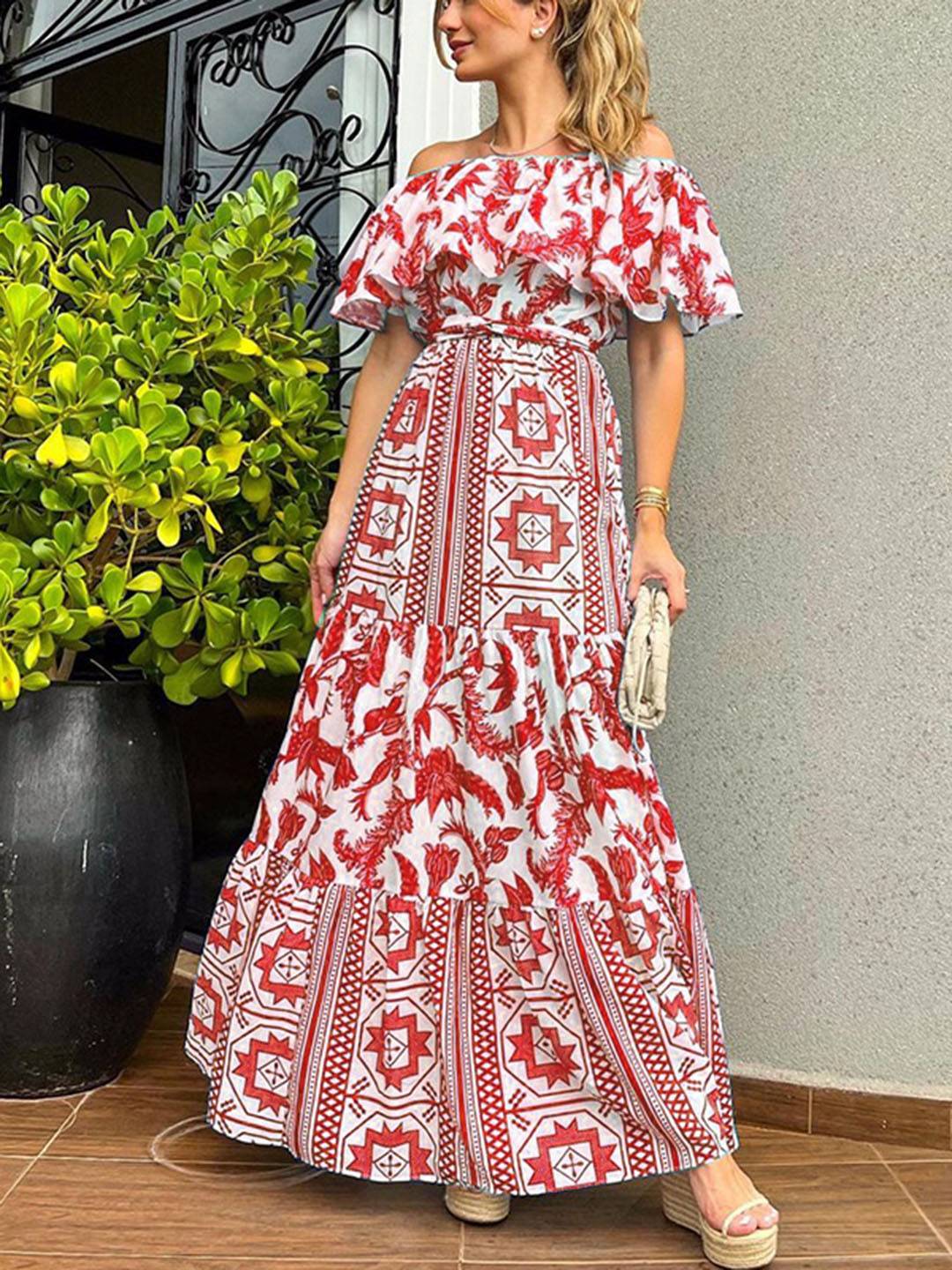Andrea Robe Maxi Femme – Robe de Plage Bohème avec Col Bateau & Imprimé Géométrique