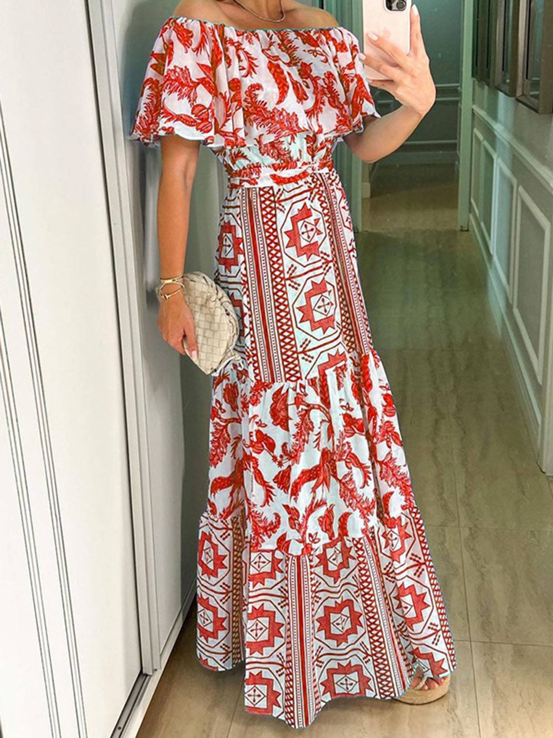 Andrea Robe Maxi Femme – Robe de Plage Bohème avec Col Bateau & Imprimé Géométrique