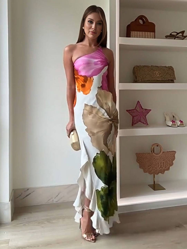 Vestido de noche de noche para mujeres Vestido de falta de impaumeración con estampado de flores, tragamonedas y volar