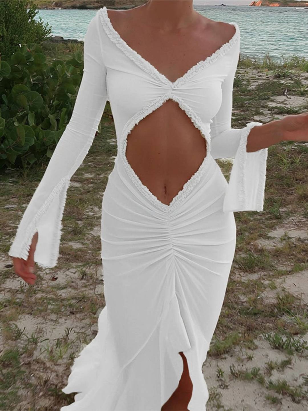 Abito da spiaggia da donna Kayliegh - abito lungo con scollo a V, fessure e maniche a divisione boho