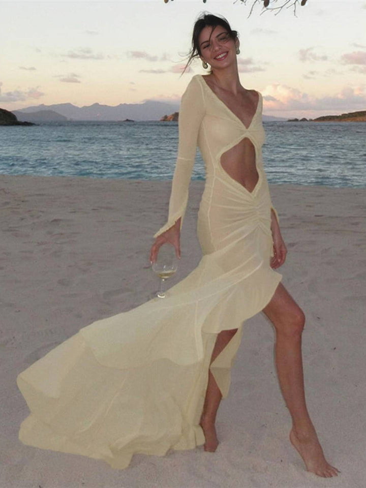 Vestido de playa para mujeres de Kayliegh: vestido largo y apretado con escote en V, mangas divididas por hendiduras y boho