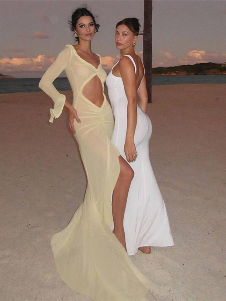 Vestido de playa para mujeres de Kayliegh: vestido largo y apretado con escote en V, mangas divididas por hendiduras y boho