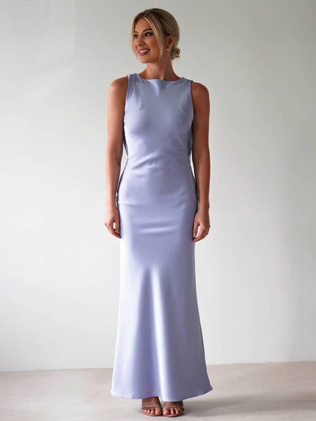 Yvette sukienka wieczorowa damska – długa sukienka bez rękawów z odkrytymi plecami i okrągłym dekoltem na galę