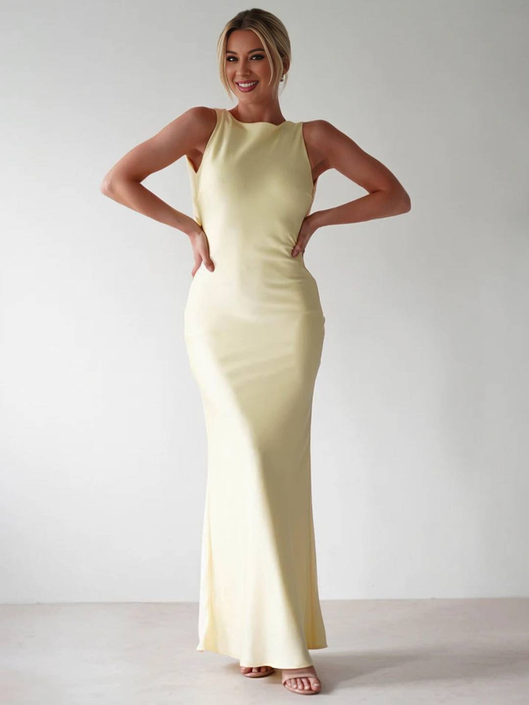 Yvette sukienka wieczorowa damska – długa sukienka bez rękawów z odkrytymi plecami i okrągłym dekoltem na galę