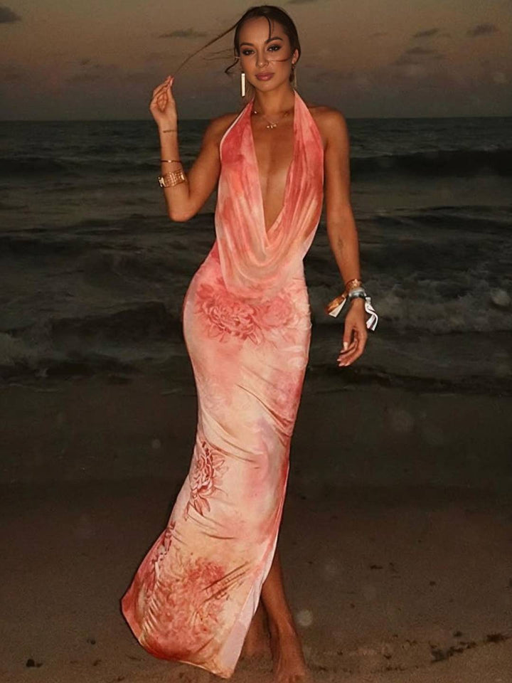 Asteria Robe de Plage Femme – Longue Robe Fleurie avec Col Halter, Dos Nu & Fente Latérale