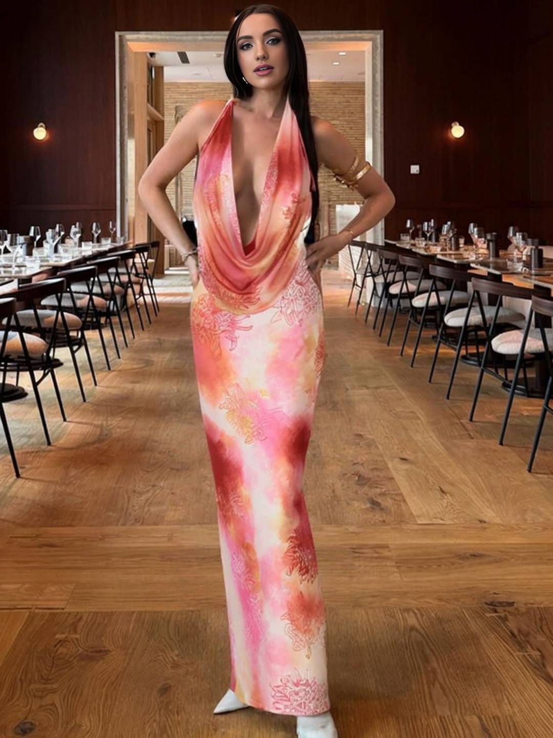 Asteria Robe de Plage Femme – Longue Robe Fleurie avec Col Halter, Dos Nu & Fente Latérale