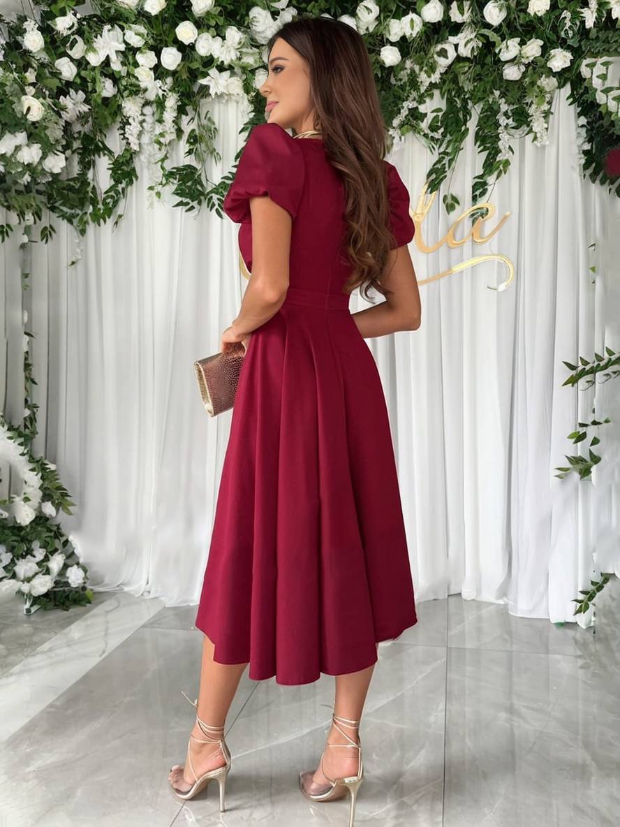 Julie Robe Femme – Élégante Robe de Demoiselle d’Honneur à Décolleté en V avec Manches Bouffantes Courtes & Coupe Fluide