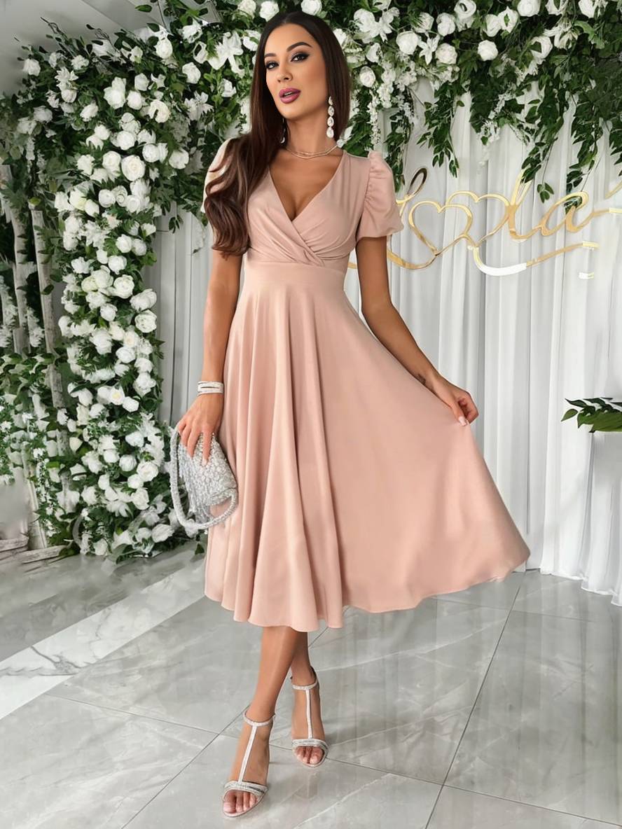 Julie Robe Femme – Élégante Robe de Demoiselle d’Honneur à Décolleté en V avec Manches Bouffantes Courtes & Coupe Fluide