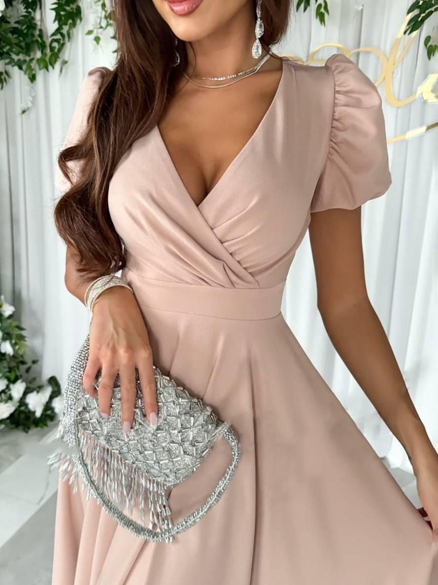 Julie Robe Femme – Élégante Robe de Demoiselle d’Honneur à Décolleté en V avec Manches Bouffantes Courtes & Coupe Fluide
