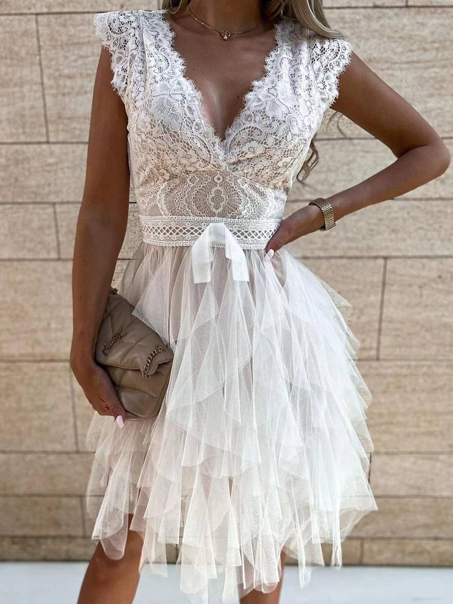 Wendy Robe de Cocktail Femme – Robe Courte Sans Manches en Tulle Style Tutu avec Décolleté en V & Dos Ouvert
