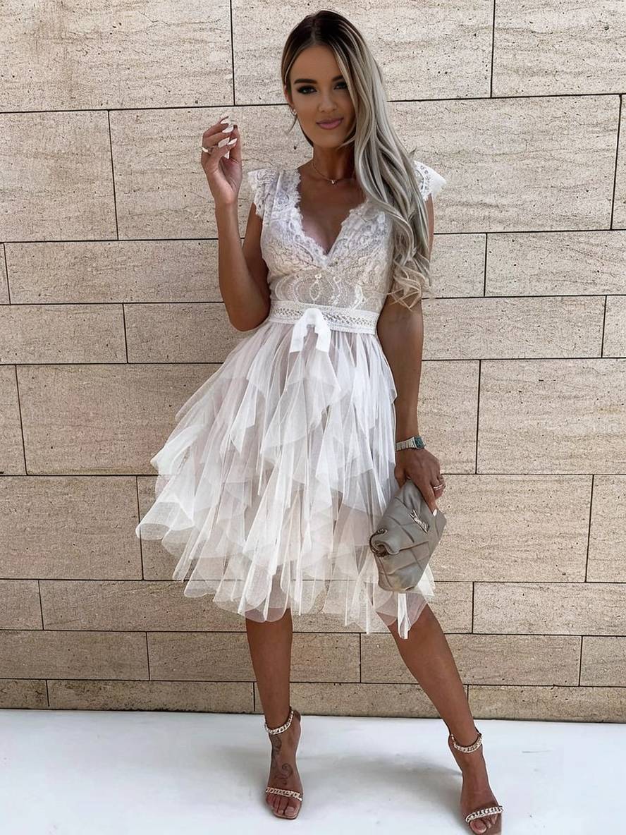 Wendy sukienka koktajlowa damska – krótka sukienka bez rękawów z tiulu w stylu tutu z dekoltem w serek i odkrytymi plecami