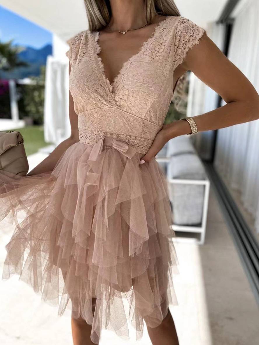 Wendy Robe de Cocktail Femme – Robe Courte Sans Manches en Tulle Style Tutu avec Décolleté en V & Dos Ouvert