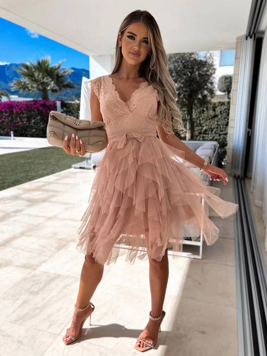 Wendy Robe de Cocktail Femme – Robe Courte Sans Manches en Tulle Style Tutu avec Décolleté en V & Dos Ouvert