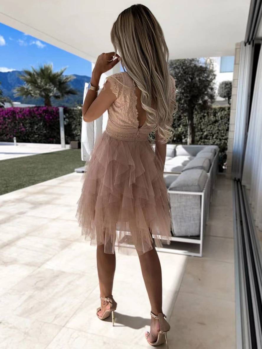 Wendy Robe de Cocktail Femme – Robe Courte Sans Manches en Tulle Style Tutu avec Décolleté en V & Dos Ouvert