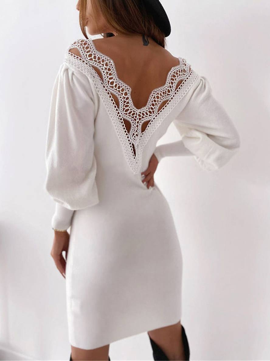 Leanna Robe de Soirée Femme – Robe Courte Moulante en Dentelle avec Décolleté en V & Manches Longues Bouffantes
