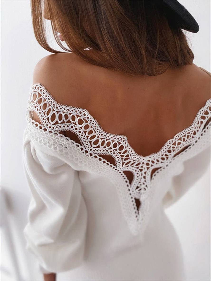Leanna Robe de Soirée Femme – Robe Courte Moulante en Dentelle avec Décolleté en V & Manches Longues Bouffantes