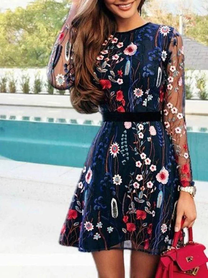Vestido para mujeres de Daizrie - Vestido florido corto con mangas largas y elegante cuello redondo