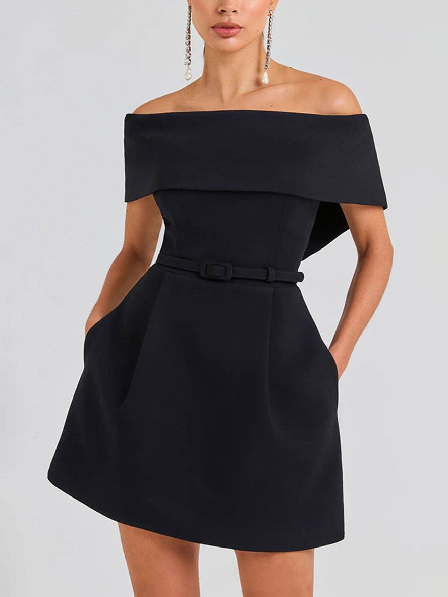 Haziel Robe de Cocktail Femme – Robe Patineuse Sans Manches avec Encolure Bateau, Ceinture & Coupe Élégante