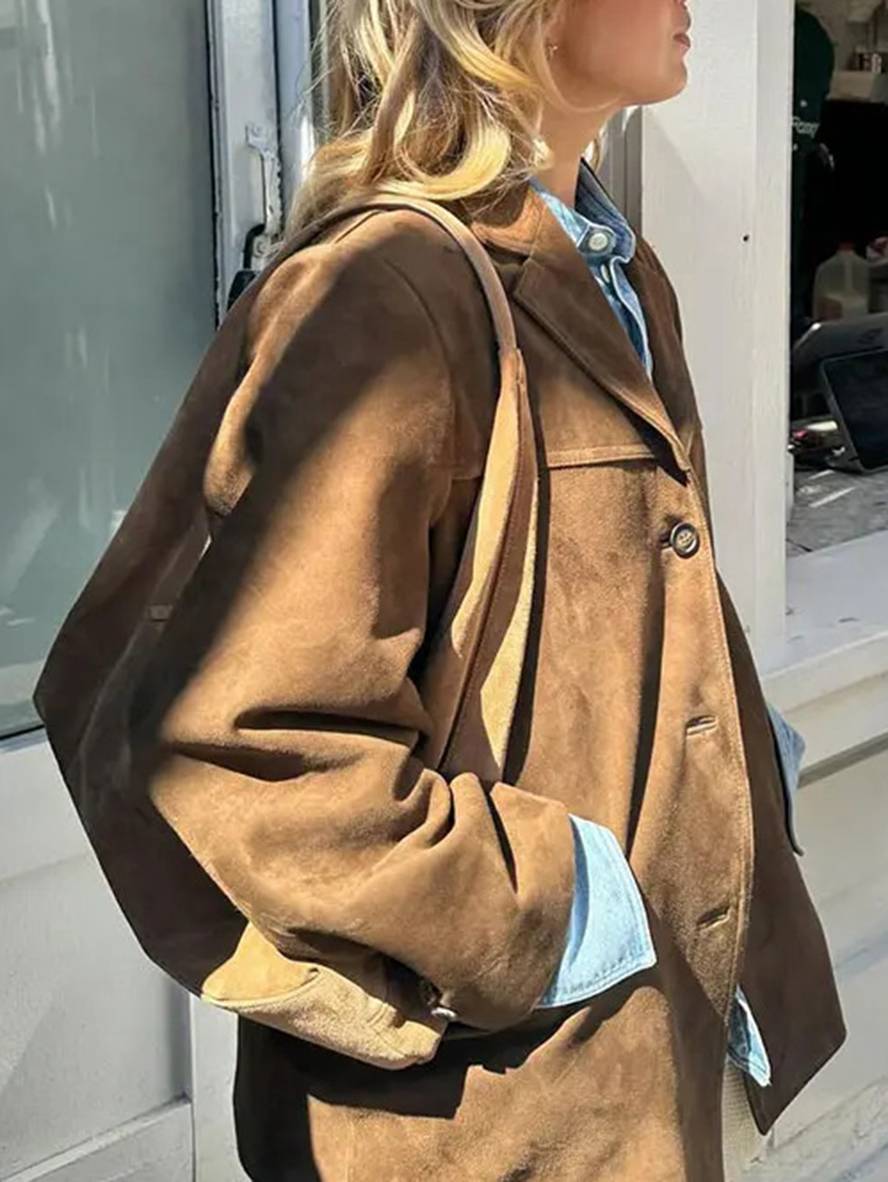 Linda Blazer Femme – Veste en Suédine Élégante à Boutons avec Poches & Manches Longues