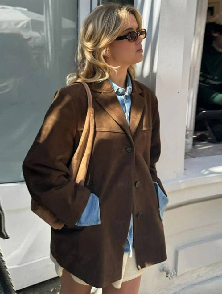 Linda Blazer Femme – Veste en Suédine Élégante à Boutons avec Poches & Manches Longues