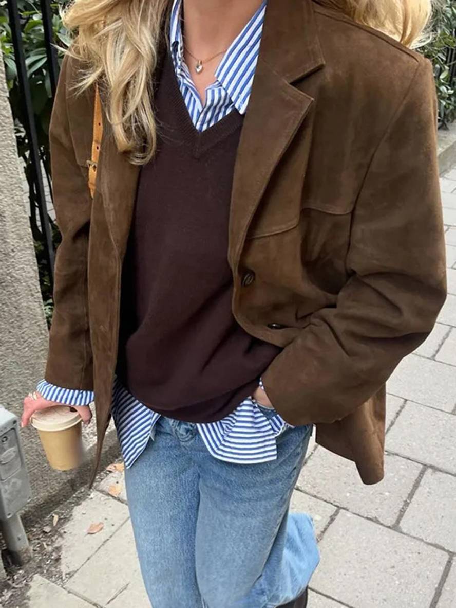 Linda Blazer Femme – Veste en Suédine Élégante à Boutons avec Poches & Manches Longues