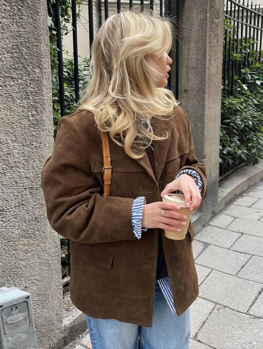 Linda Blazer Femme – Veste en Suédine Élégante à Boutons avec Poches & Manches Longues