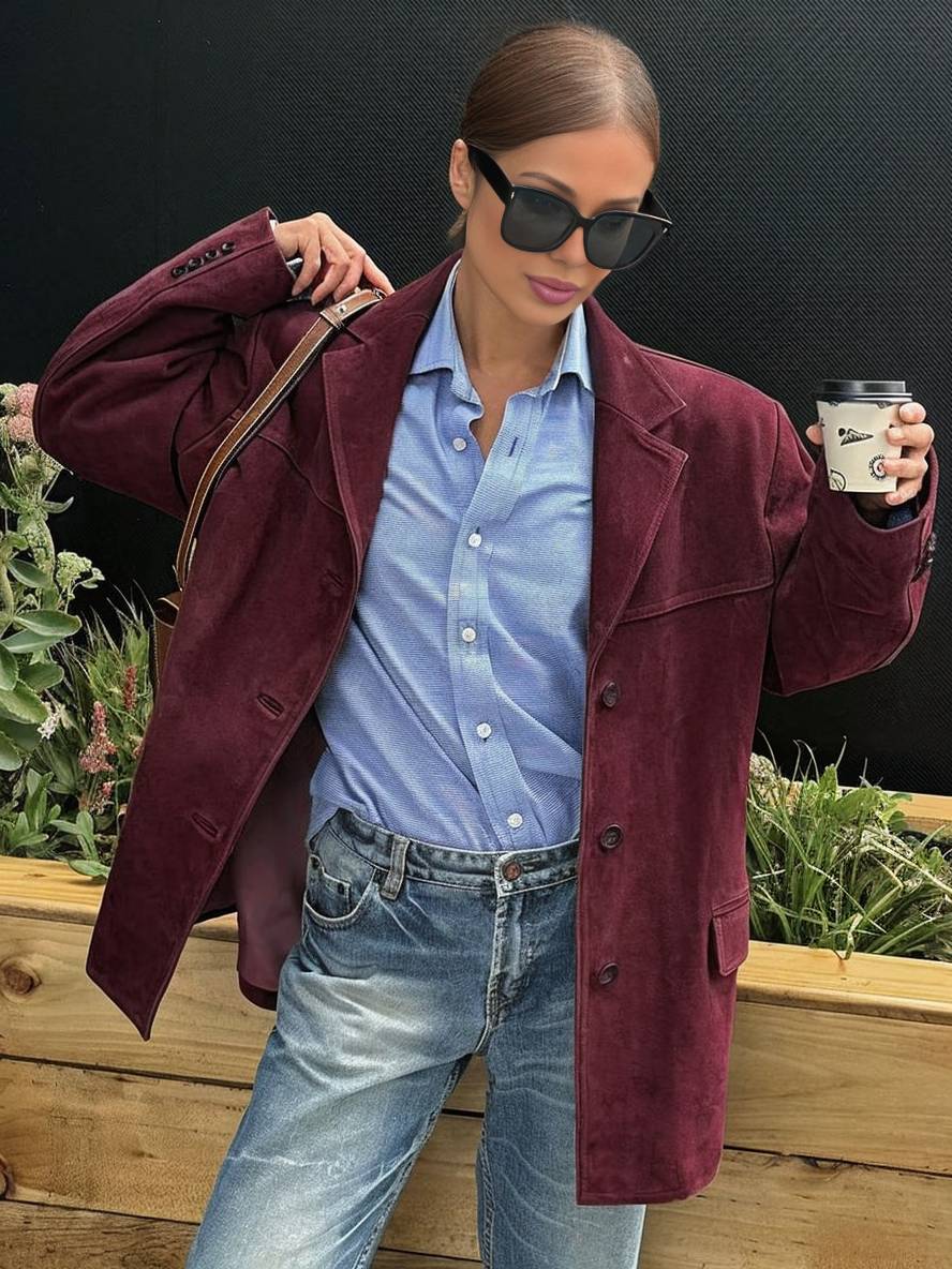 Linda Blazer Femme – Veste en Suédine Élégante à Boutons avec Poches & Manches Longues
