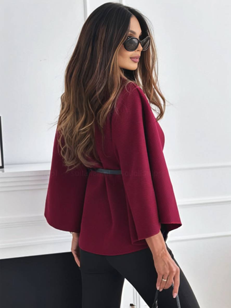 Judith Poncho Femme – Court Manteau Élégant avec Boutons, Ceinture & Manches Chauve-Souris