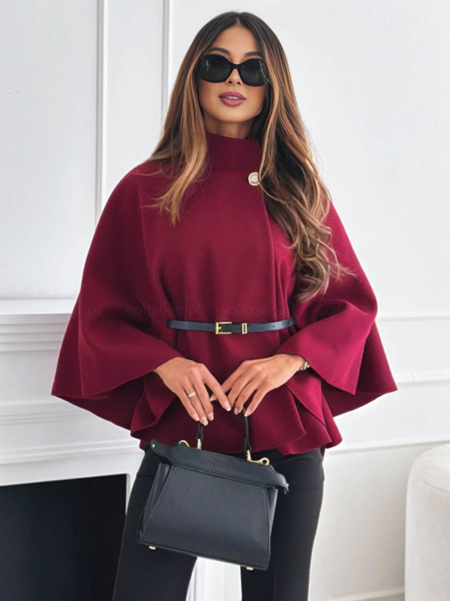 Judith Poncho Femme – Court Manteau Élégant avec Boutons, Ceinture & Manches Chauve-Souris