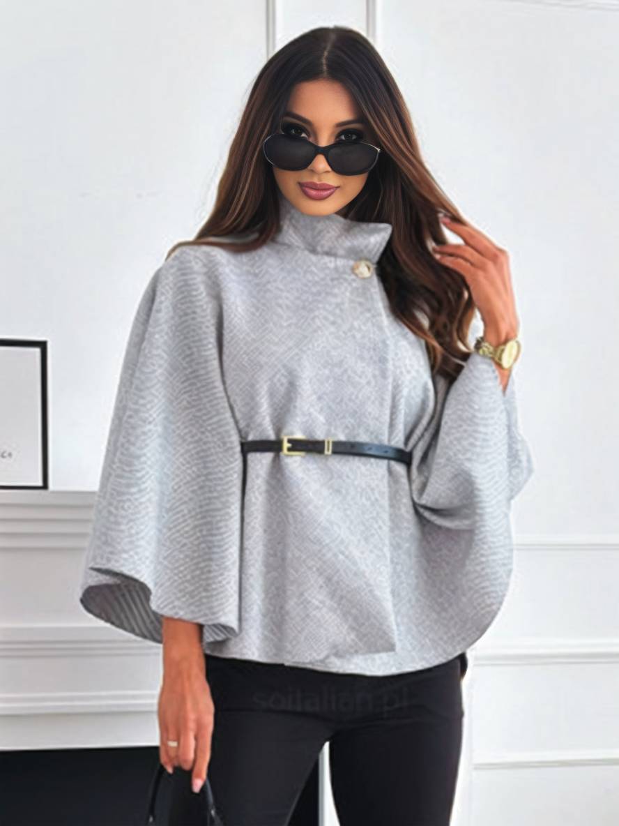Judith Poncho Femme – Court Manteau Élégant avec Boutons, Ceinture & Manches Chauve-Souris