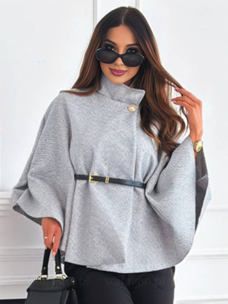 Judith Poncho Femme – Court Manteau Élégant avec Boutons, Ceinture & Manches Chauve-Souris