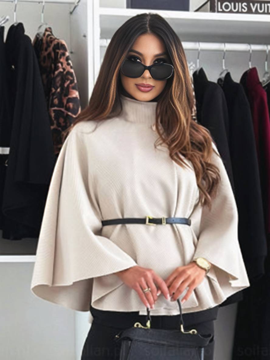 Judith Poncho Femme – Court Manteau Élégant avec Boutons, Ceinture & Manches Chauve-Souris