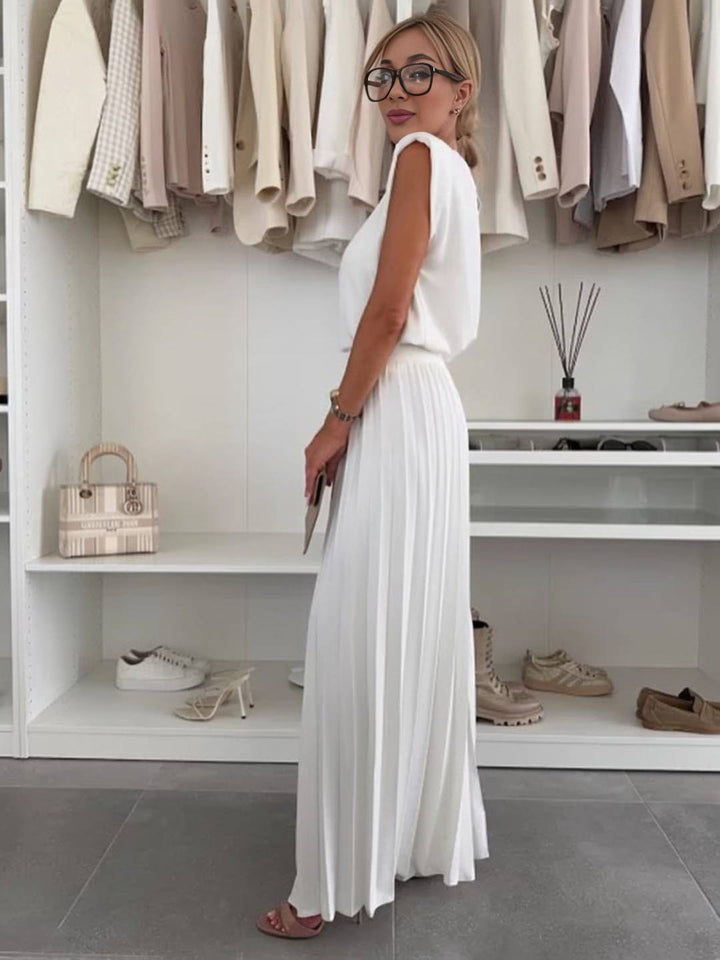 Vannie Ensemble Bohème Femme – Haut Sans Manches à Col Rond & Pantalon Plissé Ample Deux Pièces