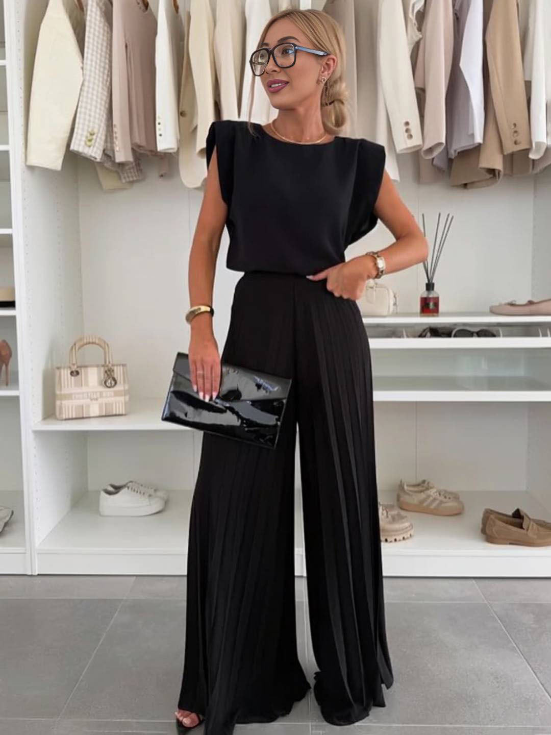 Vannie Ensemble Bohème Femme – Haut Sans Manches à Col Rond & Pantalon Plissé Ample Deux Pièces