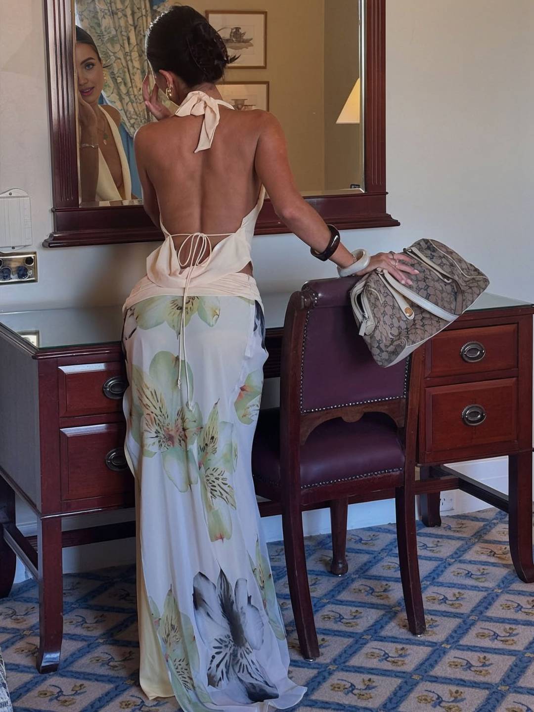 Elizabeth Ensemble Estival Femme – Top à Imprimé Fleuri & Jupe Fendue avec Col Halter et Dos Nu pour la Plage & les Fêtes