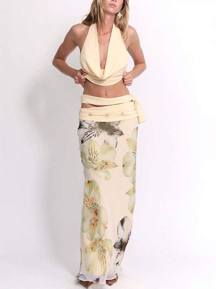 Elizabeth Ensemble Estival Femme – Top à Imprimé Fleuri & Jupe Fendue avec Col Halter et Dos Nu pour la Plage & les Fêtes