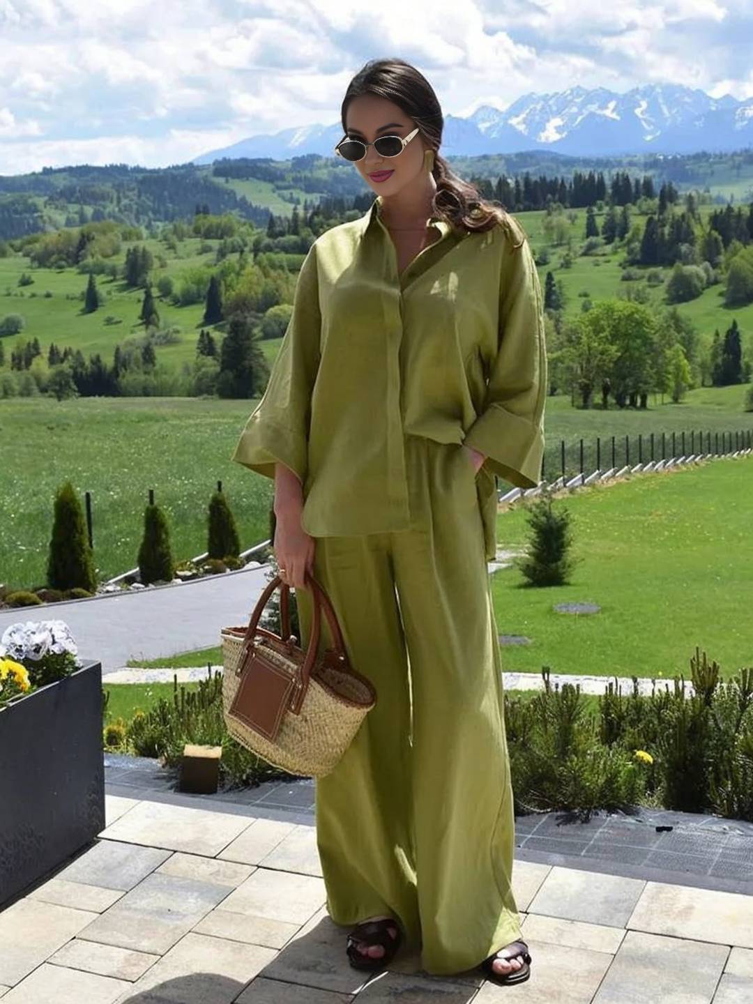 Amira Ensemble Femme – Blouse Ample à Manches Longues & Pantalon Uni avec Poches