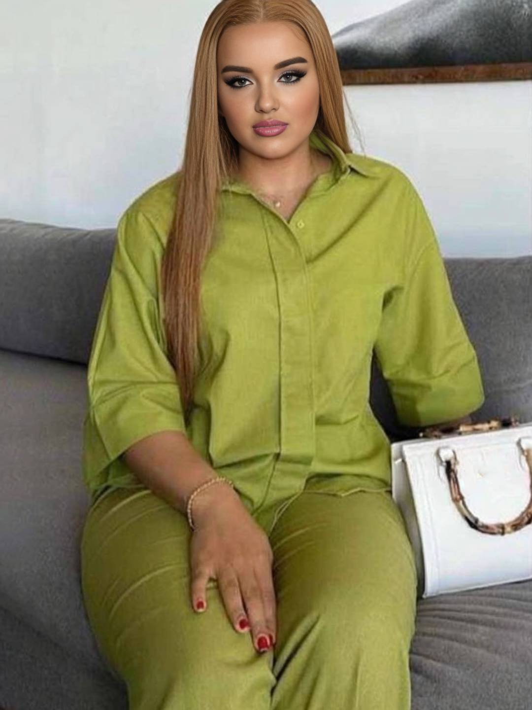 Amira Ensemble Femme – Blouse Ample à Manches Longues & Pantalon Uni avec Poches