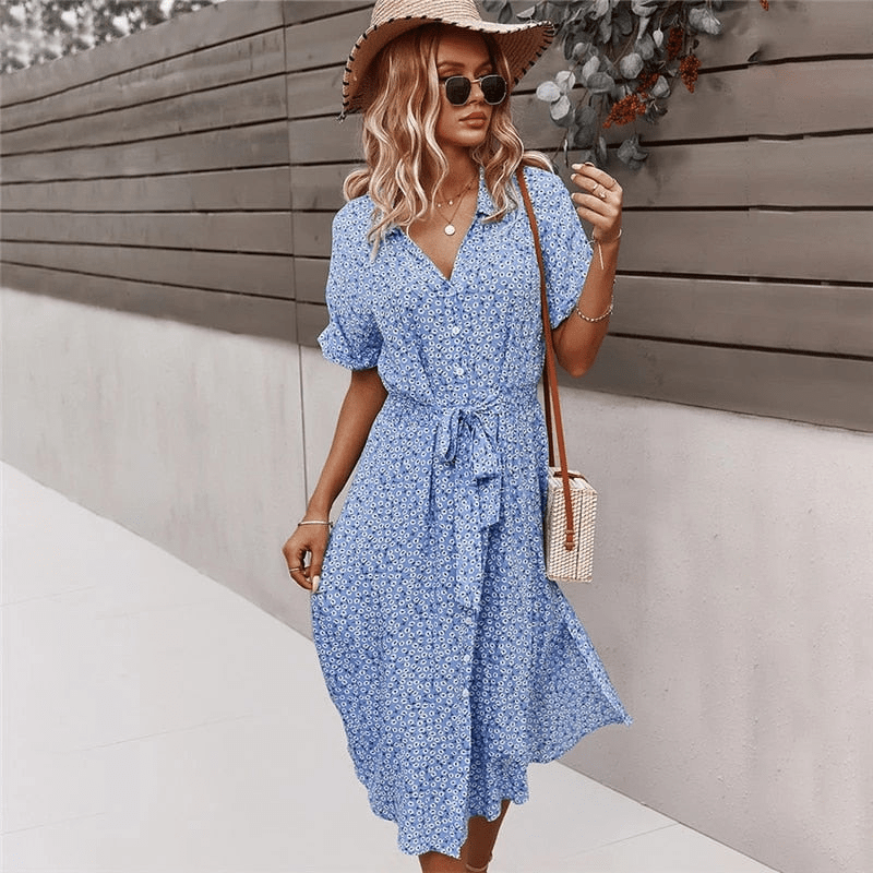 Calla Robe Mi-Longue Looksy – Ceinture à Nouer & Imprimé Floral Léger Été