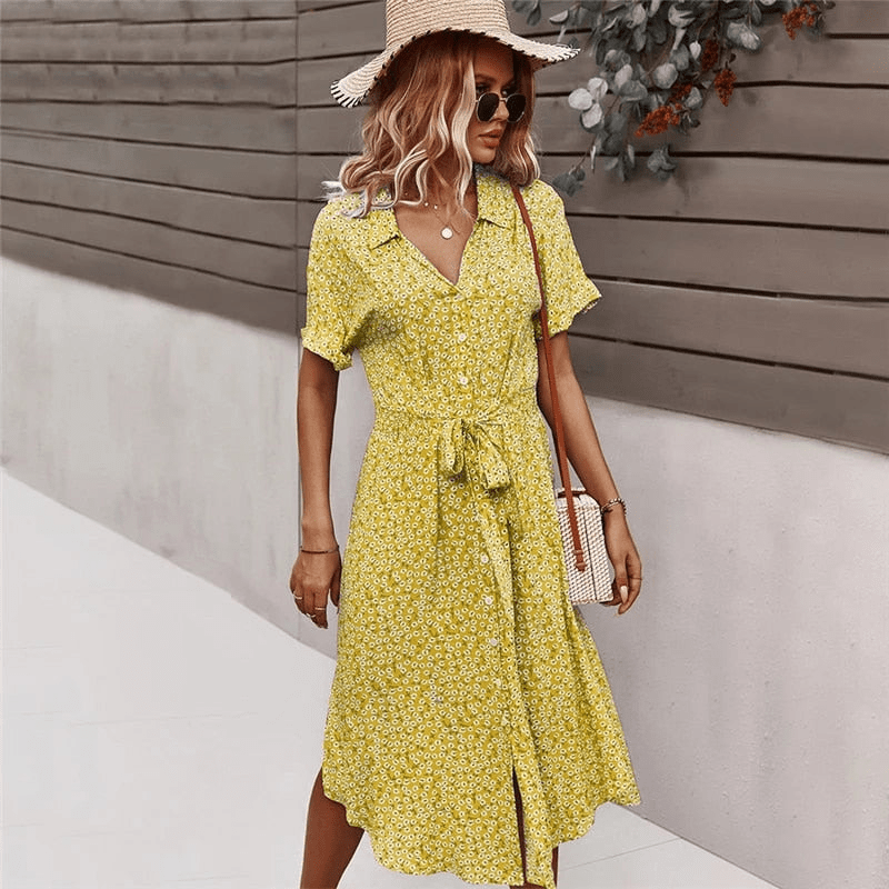 Calla Robe Mi-Longue Looksy – Ceinture à Nouer & Imprimé Floral Léger Été